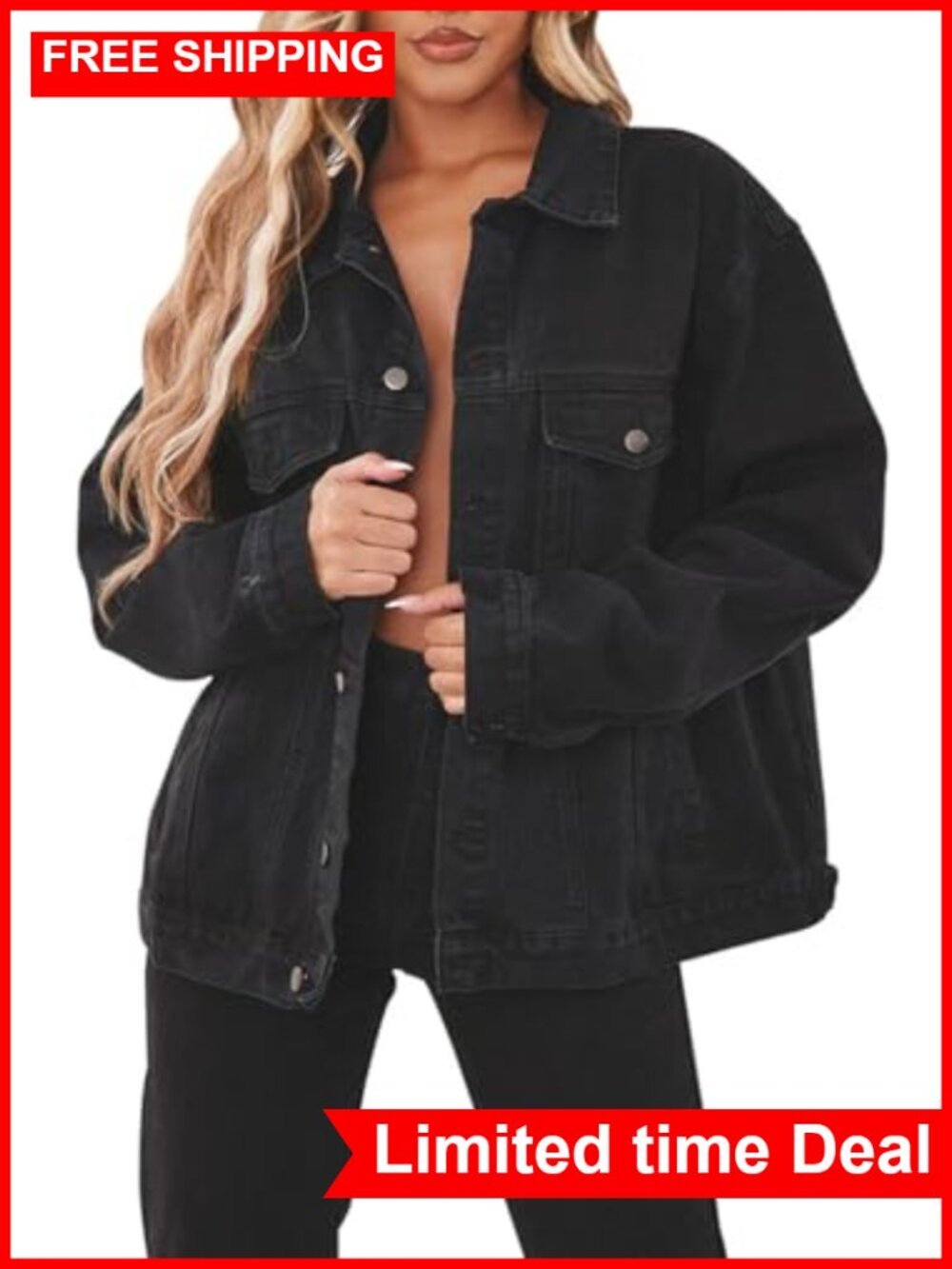 Oversized Denim Trucker Jacket Relaxed Fit Button Down Chest Pockets